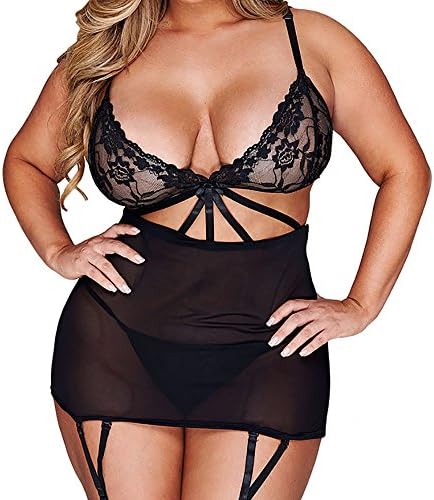 Eduavar Hot Women Adorable Lingerie Plus Size Babydoll Bowknot Sleepwear Underwear Lace Dress + G-String for Women