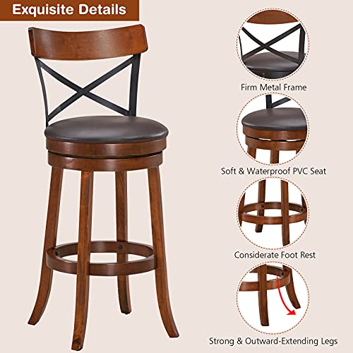 COSTWAY Bar Stool Set of 2, 360Degree Swivel Solid Wood Stools with Soft Cushion & Backrest, 29