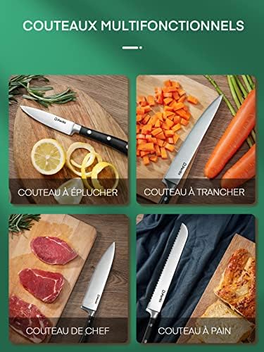 Couteaux de Cuisine, 6 Pièces Set Couteau Cuisine en Allemagne Acier Inoxydable, Ensemble de Couteaux Professionnels, Bloc de Bois, Super Aiguisé