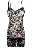 Bozzolo Women's Leopard Print Lace Trim Spaghetti Adjustable Strap Long Tank Cami Top