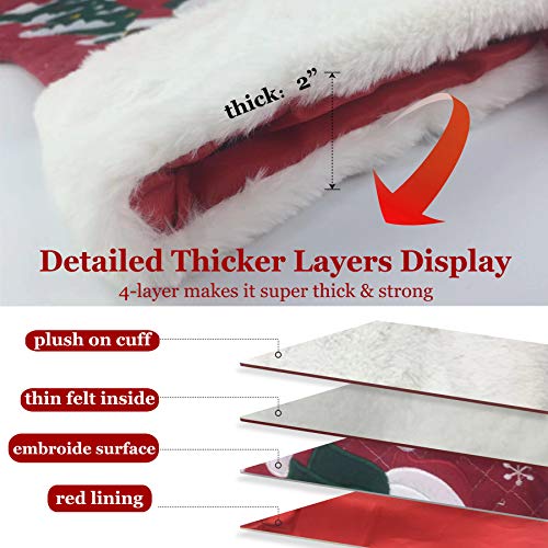 WEWILL 18’’ Diamond Christmas Stockings Set of 3 Classic Red White Plush Cuff Embroidered Snowman Reindeer Santa Claus Xmas Stockings Gift Bag Home Holiday Tree Decoration