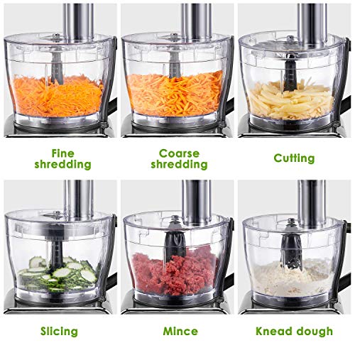 Food Processor, 12-Cup 600W Powerful Multi-Function Food Processor with LED light, Safe lock, 3 Speeds 6 Main Functions with Chopper Blade, Dough Blade, Shredder, Slicing Attachments, Silver