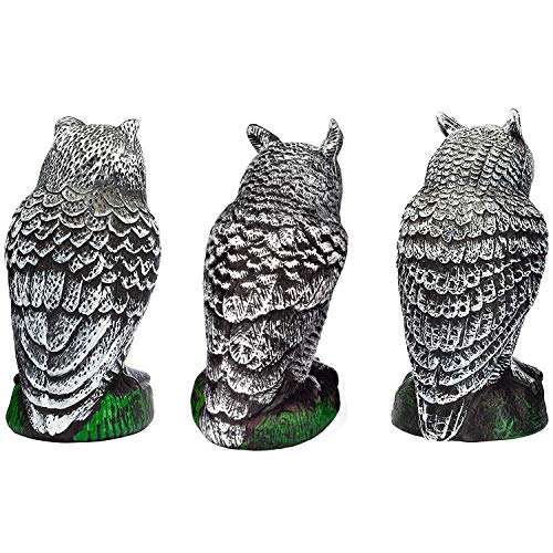 Fake Owl Decoy and Bird Deterrent Set of 3 Plastic Owl to Scare Birds