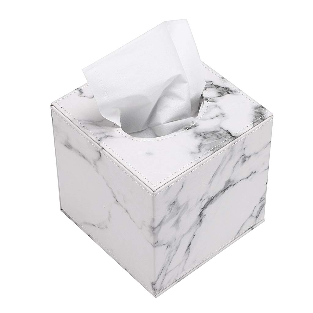 Sumnacon Square Leather Tissue Box Cover - Stylish Cube Tissue Box Holder with Magnetic Bottom, Decorative PU Tissue Box for Vanity Dresser Night Stand Table Countertop Home Office Car, Marble White
