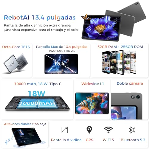 RebotAi Android 16 Tablet, 13.4 Inch Large Tablet with Octa-Core Processor, 32GB RAM + 256GB ROM, 10000mAh Battery, 1920x1200 IPS, 2.4/5Ghz Dual WiFi/5+8MP/GPS/Gemini AI/Widevine L1