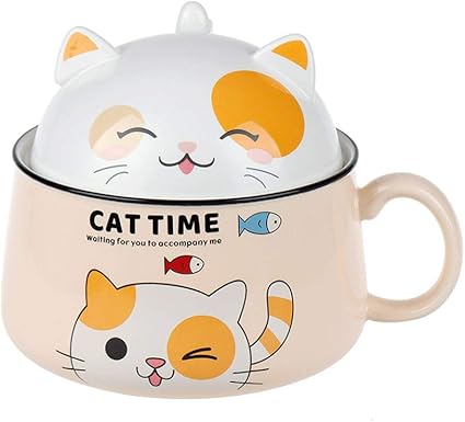 Instant Chat Mignon Bol De Nouilles Avec Couvercle Japonais Etudiant En Ceramique Ramen Bol A Soupe Dortoir Mignon Boite A Lunch Fille Avec Poignee Microwaveable Bureau Bowl Color Yellow Amazon Fr Cuisine
