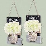 BOARDERR Rustic Mason Jar Sconce Wall Decor with Fairy LED Strip Lights Home Decor Hanging Mason Jar Light Decor Set of 2 - Wood Printed Home(Large)