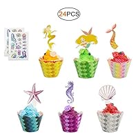 Mermaid Cupcake Wrappers And Toppers 24 Pack Mermaid Cupcake Decorations For Mermaid Birthday Party Supplies Under The Sea Baby Shower