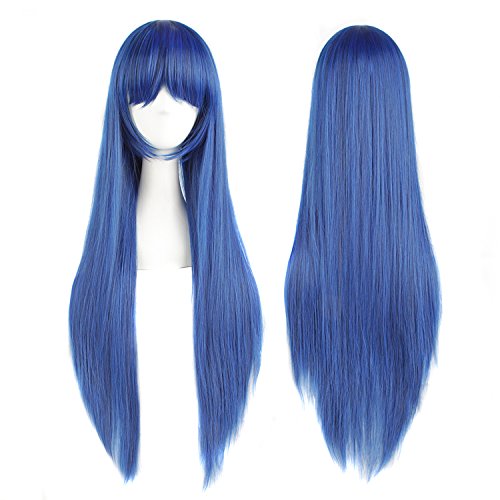 MapofBeauty 32" 80cm Long Straight Anime Costume Cosplay Wig Party Wig (Dark Blue/ Black)