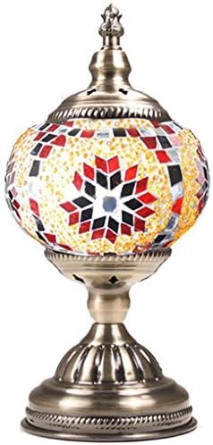Silver Fever Handcrafted Mosaic Turkish Lamp -Moroccan Glass - Table Desk Bedside Light- Bronze Base (Red Yellow Starburst)