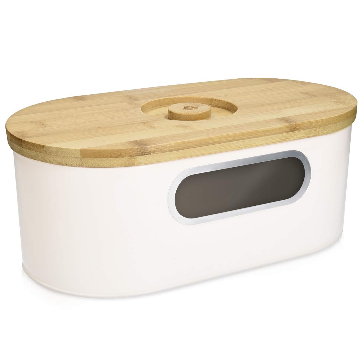 Navaris Bread Bin with Bamboo Lid - Cream Colour Metal Storage Container with Window and Wooden Chopping Board Lid - Vintage Style Kitchen Box Tin