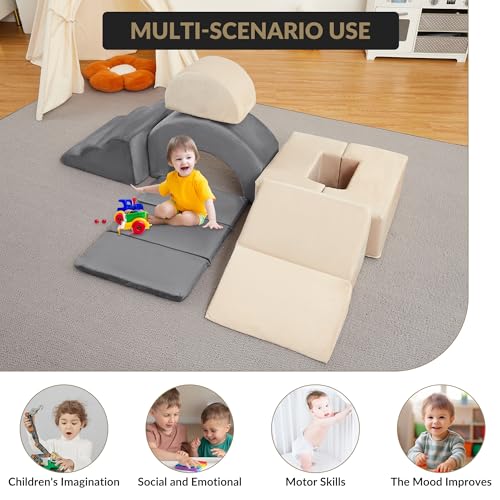 Garvee 7-Piece Toddler Climbing Toys, Indoor Soft Foam Play Blocks for Baby, Montessori Soft Play Set with Slide, Stairs & Ramp, Indoor Playground for Toddlers 1-3, Nursery & Playroom, Gray & Beige