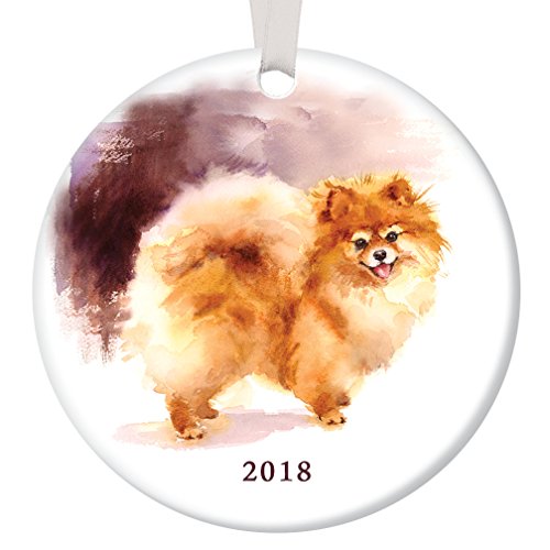 DigibuddhaPomeranian Christmas Ornament Pretty Watercolor Pom Breed Gift Ceramic Keepsake Present for Dog Lover Adopted Family Pet Shelter Rescued Pooch 3" Flat Porcelain w Ribbon & Free Box OR00241