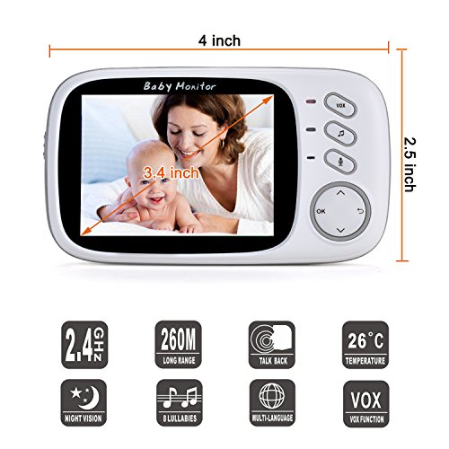 FITNATE Video Baby Monitor with 3.4inch LCD Display Wireless Digital Camera Night Vision Temperature Monitoring 2 Way Talkback System, Built-in 8 Remote Lullabies Long Range and High Capacity Battery - Thumbnail 2
