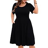 JollieLovin Women Plus Size Summer Dress T Shirt Short Sleeve Casual Empire Waist Dresses with Pockets(L-5X)