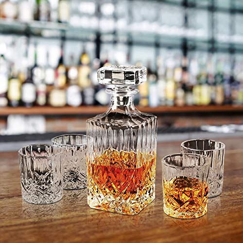 5 Piece Decanter Set - Heavy Based Old Fashioned Irish Cut Glassware for Whiskey, Scotch, Juice - Ideal for Dinner, Parties, and Special Events