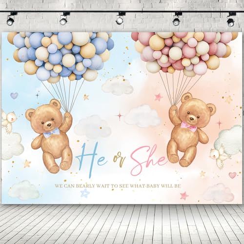 7x5ft He or She Gender Reveal Backdrop, Vinyl Baby Bears Blue and Pink Balloons We Can Bearly Wait Backdrop Photography Background Banner Photo Booth Props for Baby Gender Reveal Party Decoration