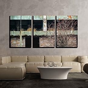 3 Piece Canvas Wall Art - Discarded Ruin with Old Windows and Wall, Industrial Window in Concrete Wall - Modern Home Art Stretched and Framed Ready to Hang - 16"x24"x3 Panels