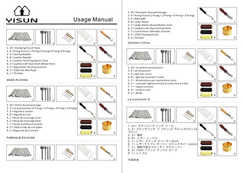 YISUN Leather Sewing Tools 48 Pieces Leather Tools Craft DIY Hand Stitching Kit with Groover Awl Waxed Thimble Thread for Sewing Leather, Canvas or Other Leathercraft Projects