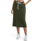 Wrotorea Women's Casual High Waist Elastic Drawstring Stretch Sweat Slit Midi Skirt with Pocket