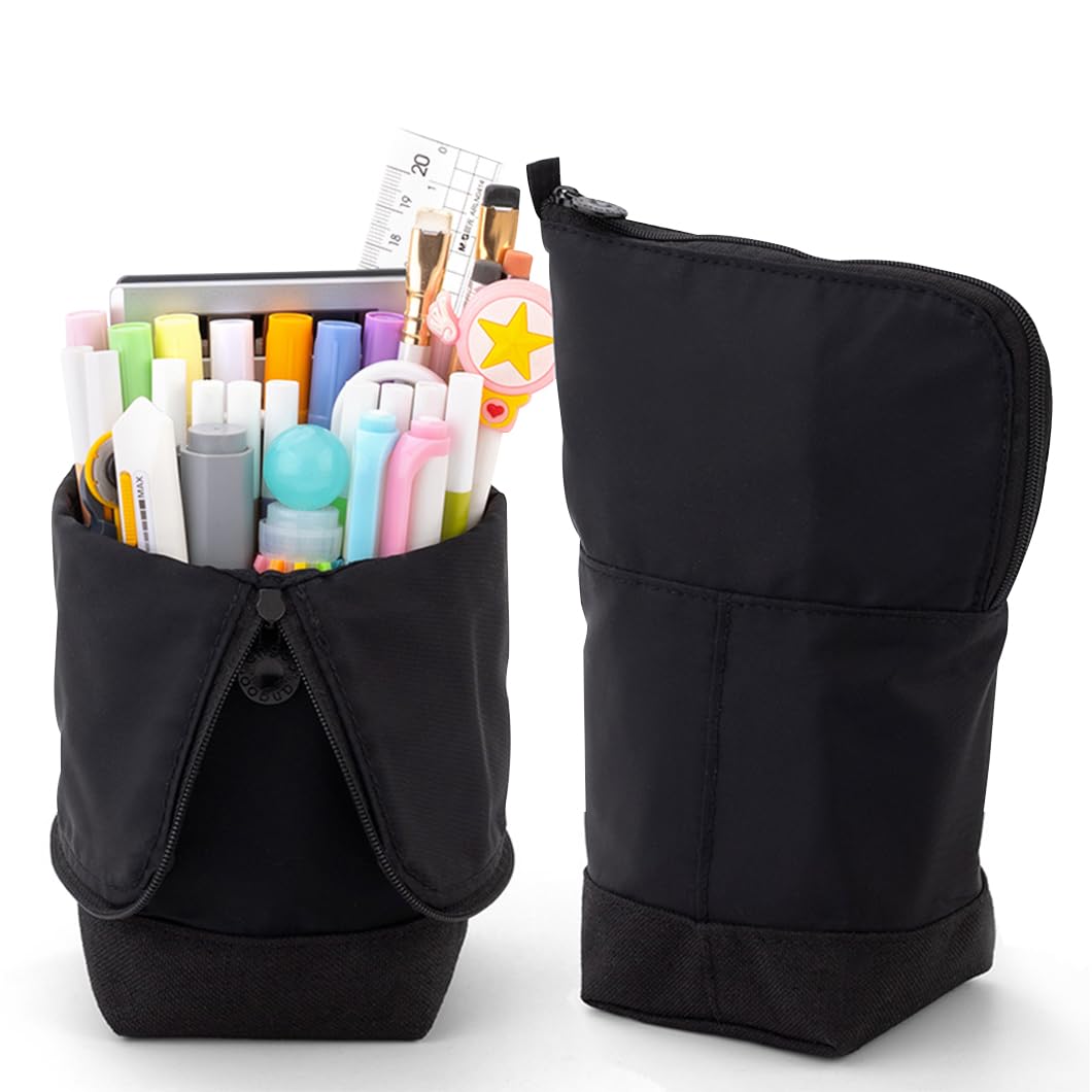 Rolin Roly Eversion Pencil Case Stand up Pencil Holder Pencil Pouch Nylon Twill Pencil Case Cosmetics Pouch with Zipper Makeup Bag Case (Black)
