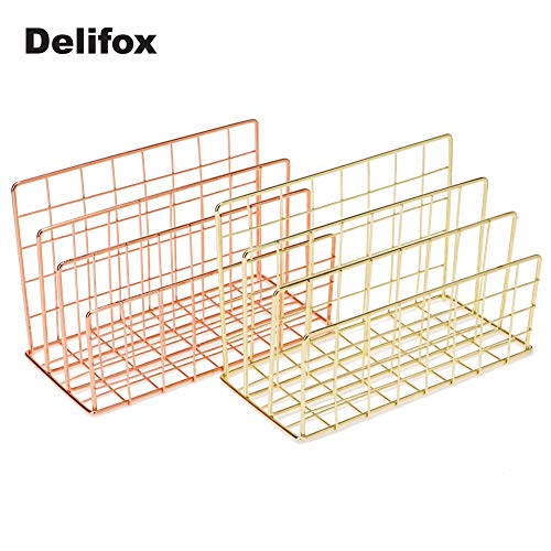 Delifox Mail Sorter - Letter Organizer Metal Desktop File Rack Postcard Holder for Home and Office, Gold