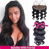 Brazilian Body Wave 3 Bundles With Frontal Virgin Human Hair Weave And Ear To Ear Lace Frontal Closure With Baby Hair Free Part Natural Black(18 20 22+18 Frontal)