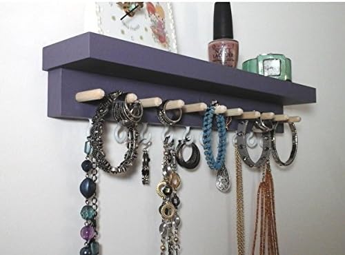 Jewelry Organizer Wall Mount Jewelry Holder, Necklace Holder, Earring Holder, Bracelet Holder, Bangle, Ring Holder. Wood Jewelry Display with Shelf.