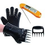 Ciko 3 Barbecue Tool Sets Grilling Bbq Thermometers Digital Extreme Heat Resistant Silicone BBQ /Cooking Gloves Meat Shredder Claws for Barbecue Grilling Baking Cooking