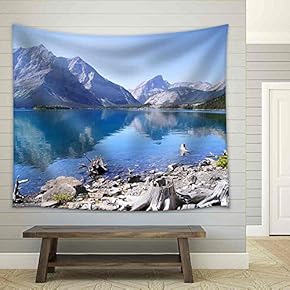 View of The Kananaskis Lakes in The Canadian Rockies with Mountain Reflecting in Cool Blue Waters - Fabric Wall Tapestry Home Decor - 51x60 inches