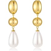 Long Pearl Dangle Earrings for Women Statement Gold Ball Teardrop Pearl Drop Earrings Chunky Gold Earrings