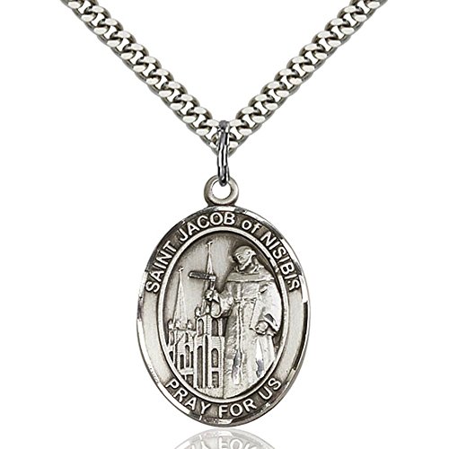 Sterling Silver St. Jacob of Nisibis Pendant 1 x 3/4 inches with Heavy Curb Chain