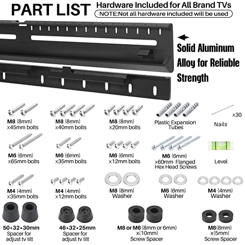 TV Wall Mount, Studless or Anchors Mount, Heavy Duty Aluminum Alloy TV