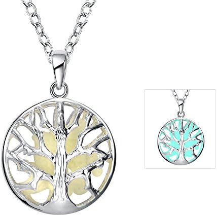 The November Nocturne Popular Luminous Cyan Hollow Round Pendant Life Tree Pattern Silver Necklace