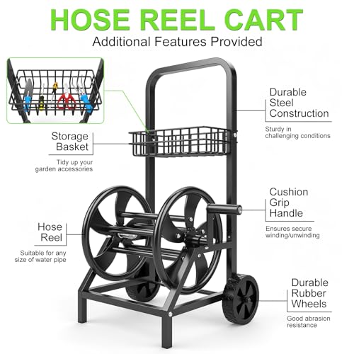 Garden Hose Reel Cart, Heavy Duty Hose Reel with Wheels, Hold Up to 200 ft of 1/2’’ Hose, Mobile Hose Reel Cart for Outside, Metal Water Hose Reel with Storage Basket for Backyard, Garden, Lawn