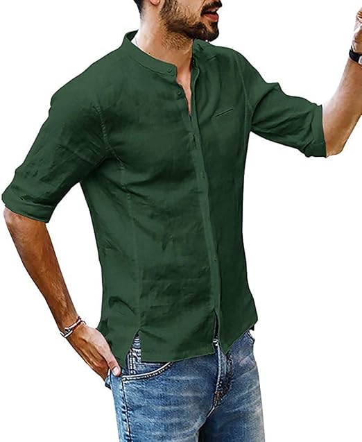 Mens Linen Shirts Henley 3/4 Sleeve Cotton Hippie T-Shirt Fishing Tees Casual Summer Top 