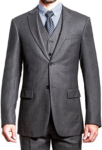 HBDesign Mens 3 Piece 2 Button Notch Lapel Slim Trim Fit Modern Suite Dark Grey 50R