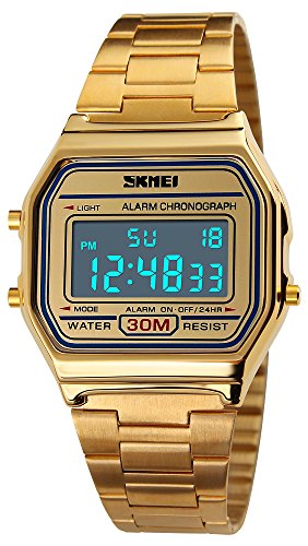 Mens Womens Multifunctional Rectangle LED Digital Display Chronograph Sports Quartz Waterproof Watches (Gold)