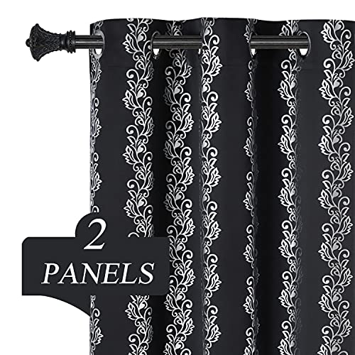 Estelar Textiler Blackout Window Curtains Silver Wave Flower Print Grommet Blackout Curtains Thermal Insulated Drapes Blinds for Bedroom Sliding Patio Door 38 x 84 Inch Black 2 Panels.