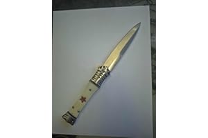Folding Pocket Knife, Silver Blade, White Handle with Red Star Accent, Tiger Stripe Design