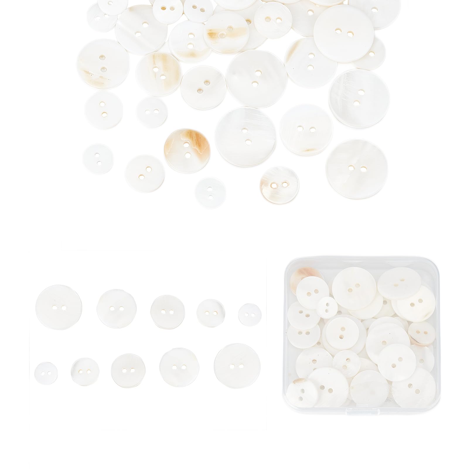 NICENEEDED 50 Pcs Natural Shell Buttons, 5 Sizes Shell Round Buttons, White Genuine Mother Pearl Buttons Blazer Button 2-Hole Sewing Buttons Craft Seashell Buttons for DIY Sewing Crafts