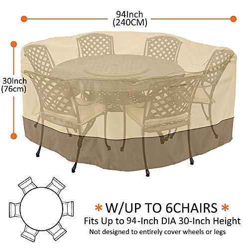kdgarden Outdoor Round Patio Table and 6 Chairs Set Cover, Heavy Duty Waterproof 600D Large Furniture Set Cover for All Weather Protection, 94" Dia x 30" H, Beige Brown