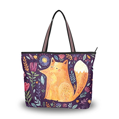 Women Tote Bag Handbag Amazing Colorful Cute Fox and Flowers Shopping Travel Shoulder Bag