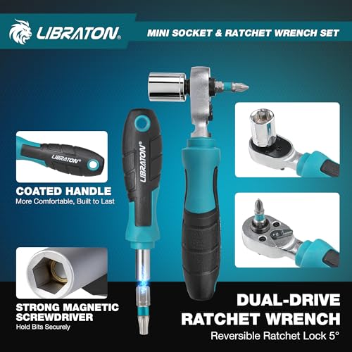 LIBRATON 37 Piece Mini Ratchet and Socket Set with 10.2mm Drive, 4-13mm Bits, Magnetic Handle, Extension Bars and Universal Joint, with Storage Case for