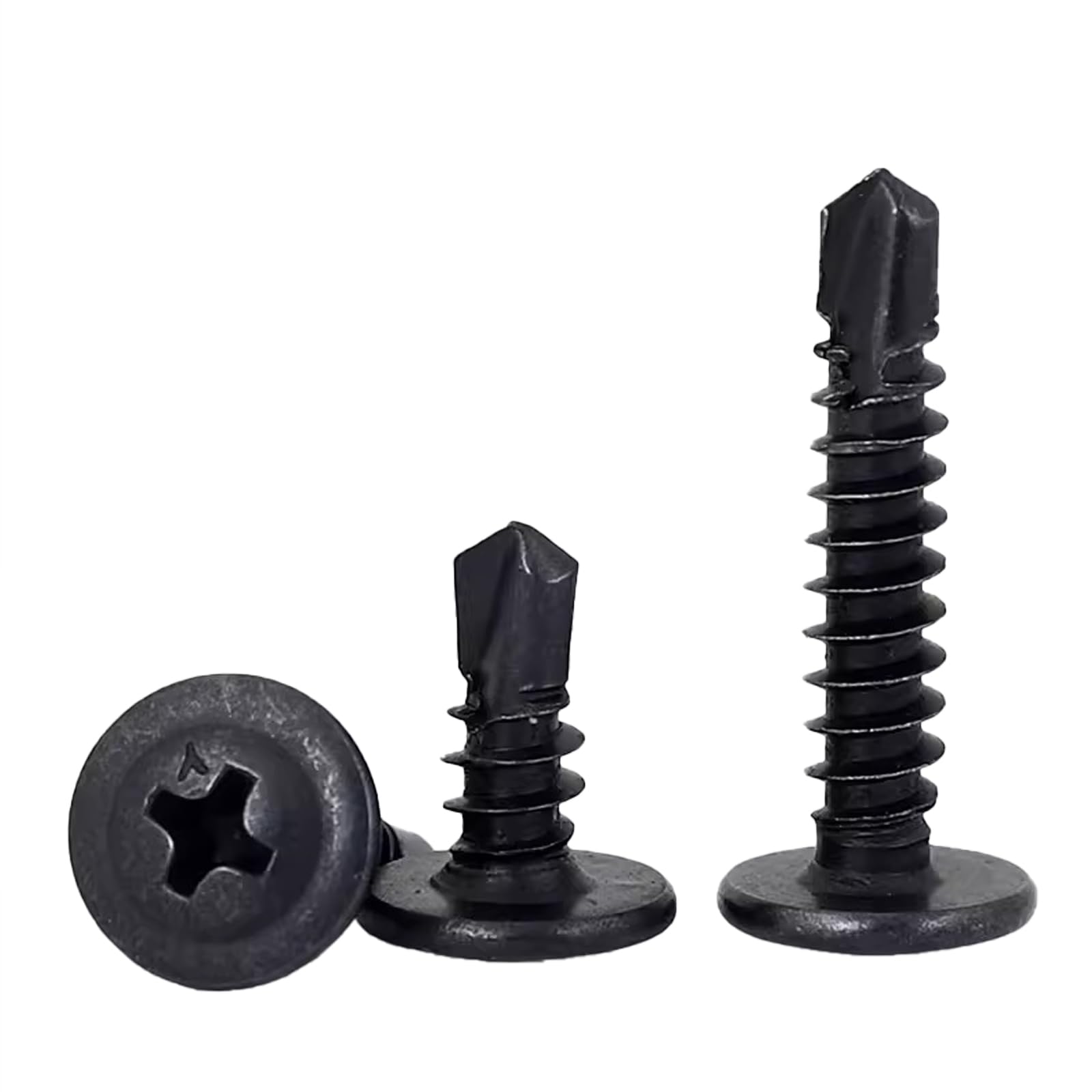 FandWay 100Pcs Wafer Head Self Tapping Screws Metal,M4.2x13mm Self Drilling Screws for Steel,Modified Truss Head Tek Screw,Black Oxide Sheet Metal Screw for MetalWork Aluminum Wood Plastics.
