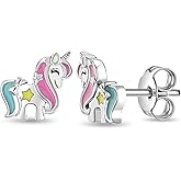 In Season Jewelry Multicolor Enamel Unicorn Star Kids Earrings - 925 Sterling Silver Hypoallergenic Earrings for Girls with Butterfly Backs - Safe & Comfortable for Toddlers, Kids & Little Girls