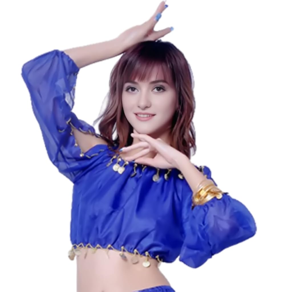 Wuchieal Women's Carnival Stage Performance Tops,Belly Dance Long Sleeves Top,Crop Top with Gold Coins (One Size,Navy)