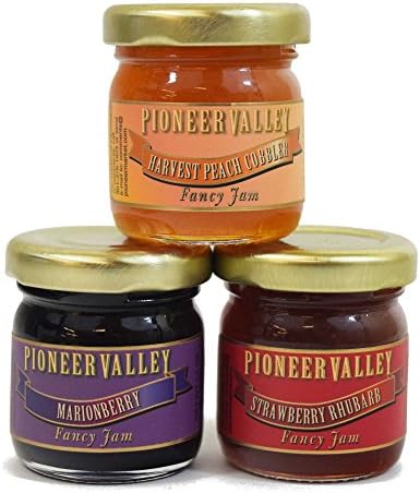 Pioneer Valley Gourmet Mini Jam Sampler Variety 3 Pack 1.5oz Each Marionberry, Harvest Peach Cobbler, Strawberry Rhubarb