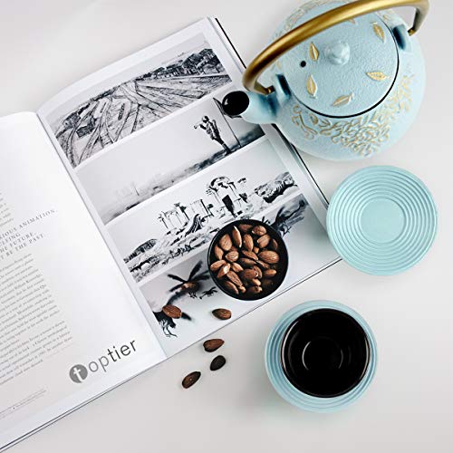 Tea Kettle, TOPTIER Japanese Cast Iron Tea Kettle with Infuser, Stovetop Safe Cast Iron Tea Kettle, Leaf Design Cast Iron Tea Pot Coated with Enameled Interior for 22 oz (650 ml), Turquoise Blue - Thumbnail 7