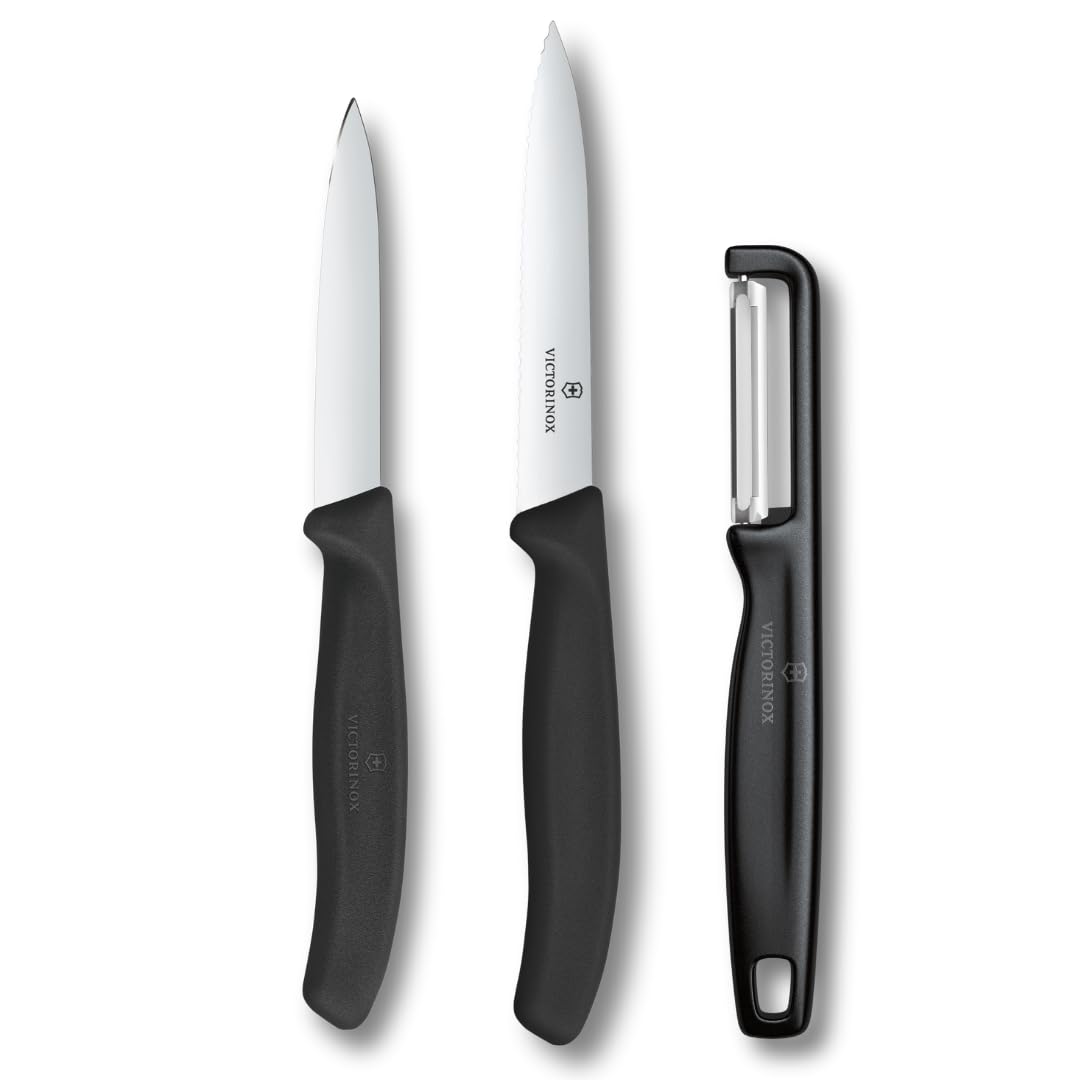 Victorinox Swiss Classic Gemüsemesser Set mit Sparschäler, Schälmesser und Tomatenmesser, 3-teilig, Extra Scharfe Klinge, Schwarz